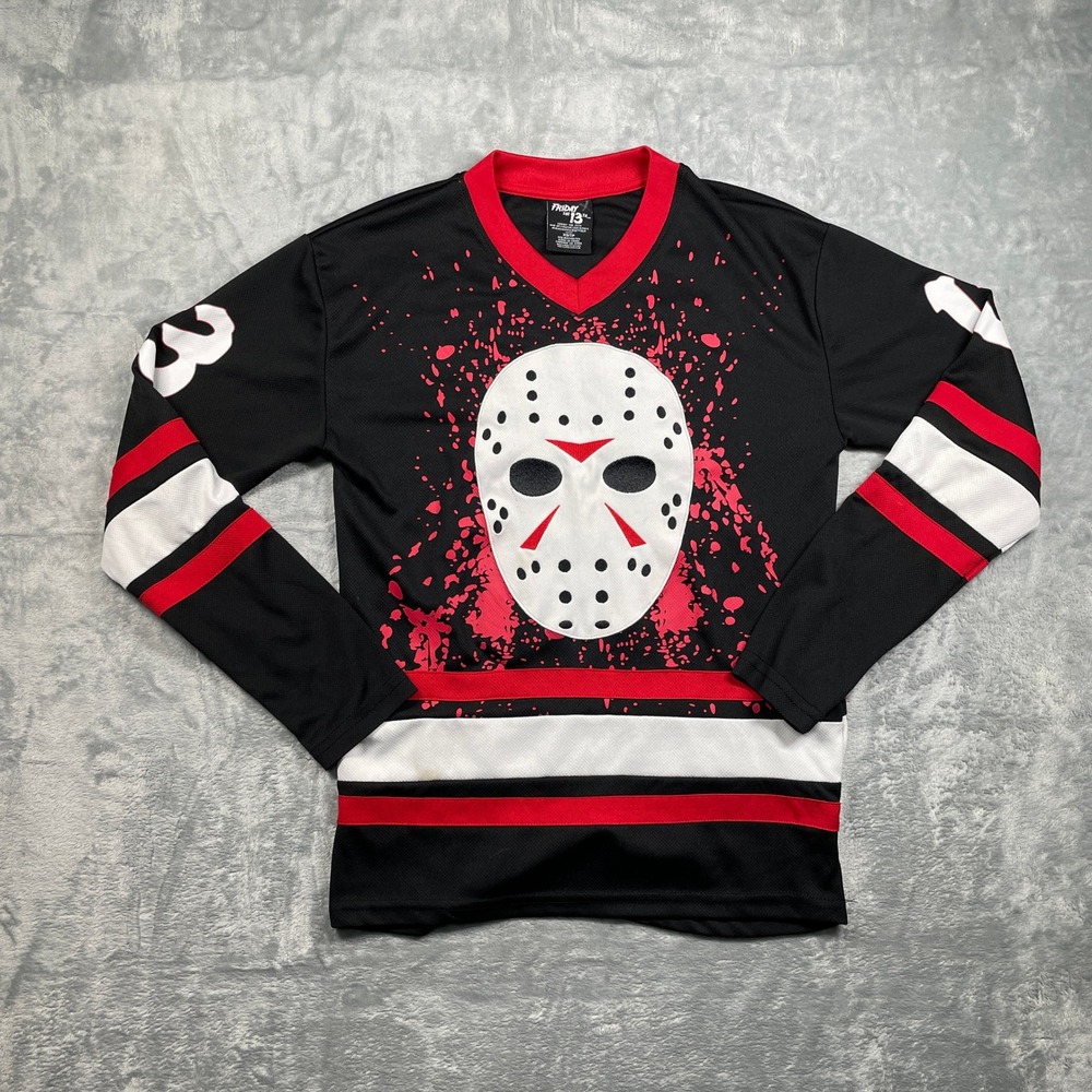 Friday the 13th Jason Voorhees Hockey Jersey Men's Black Red Mask Graphic XS/TP